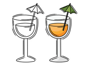 Doodle flat line clipart. Simple vector glass with a drink. All objects are repainted.