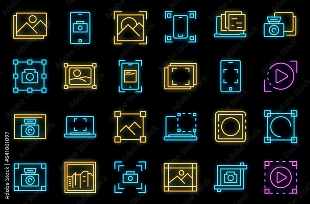 Poster screenshot icons set outline vector. take app. button camera neon color on black