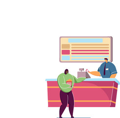 Cinema worker and woman at counter. Flat vector illustration. Girl with popcorn buying ticket by cashier, holding 3D glasses for watching movie. Entertainment, theatre, advertising, art concept