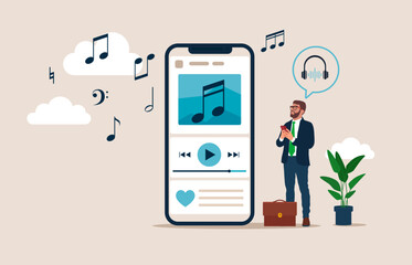 Businessman listen music, sound, audio or radio online with smartphone app. Media player app. Music play list. Flat Vector illustration. 