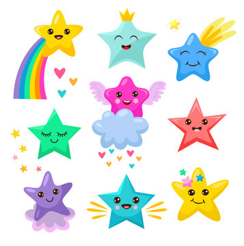 Cute kawaii stars with faces cartoon illustration set. Pretty stars in sky, on fluffy cloud or rainbow sleeping and smiling. Funny stars characters for kids isolated on white background. Magic concept