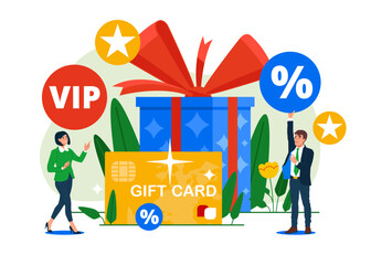 Gift card. Discount, Loyalty card program and customer service. Flat vector illustration.