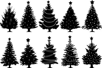 new year, christmas trees set silhouette design isolated vector - obrazy, fototapety, plakaty