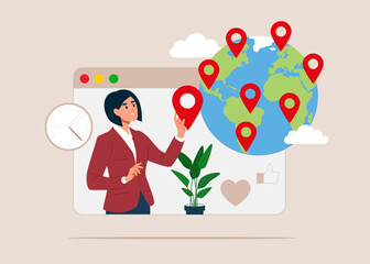 Businesswoman put new branch pin on world map across globe.Global business expansion, open company branches, franchise in new location to cover all continent, growing business worldwide.