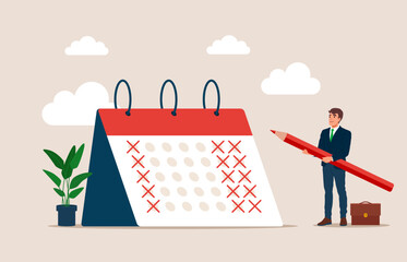 Businessman put holiday on calendar to make company 4 day work week. Reduce working day to increase efficiency and productivity, flexible work day for employee benefit. Flat vector illustration.