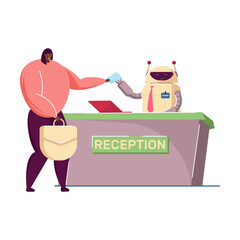 Robots working as hotel attendants. Flat vector illustration. Robotic receptionist and porter helping guests with checking in and out of hotel. Technologies, artificial intelligence