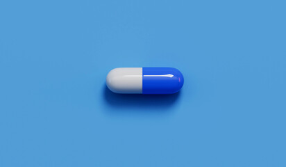 Fototapeta na wymiar medical pill capsules on a blue background. Healthcare concept. 3D Rendering