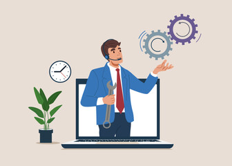 Operator man with headset talking with customer help solve computer problem. Support staff help fixing technical problem, help desk. Flat vector illustration.