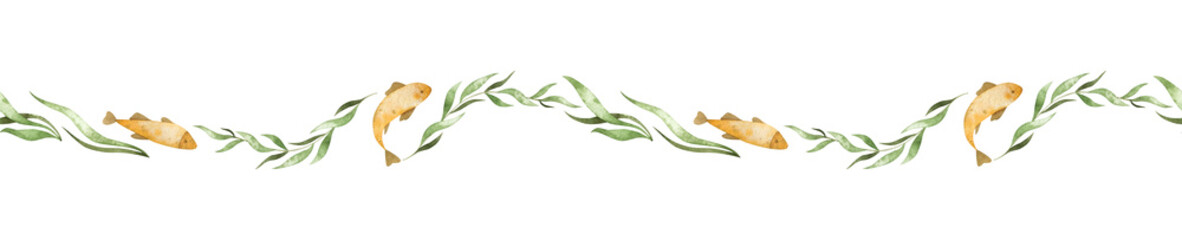 Watercolor seamless border with seaweeds and gold fish. Cute underwater repeatable frame with delicate characters for creative design