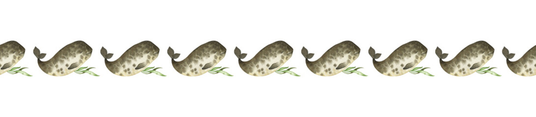 Watercolor seamless border with baby narwhals and seaweeds. Pretty underwater repeatable frame with cute characters for creative design