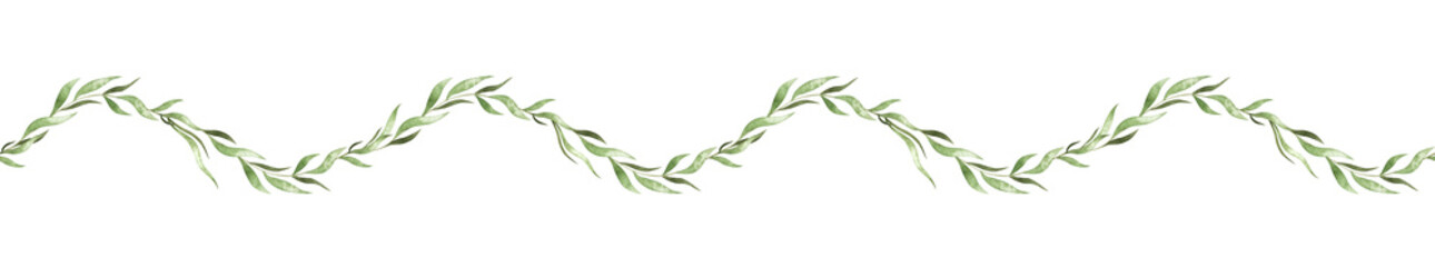 Watercolor seamless border with seaweeds. Delicate underwater greenery frame with cute elements for creative design