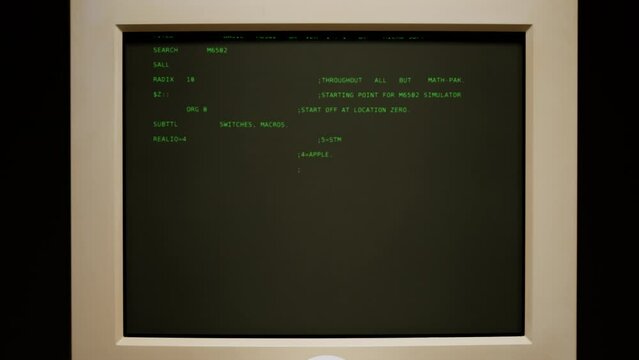 Retro pc with loading code console, programmer making scripts, green basic screen, Old computer studio close-up, Desktop vintage retro wave display, late 90s PC.