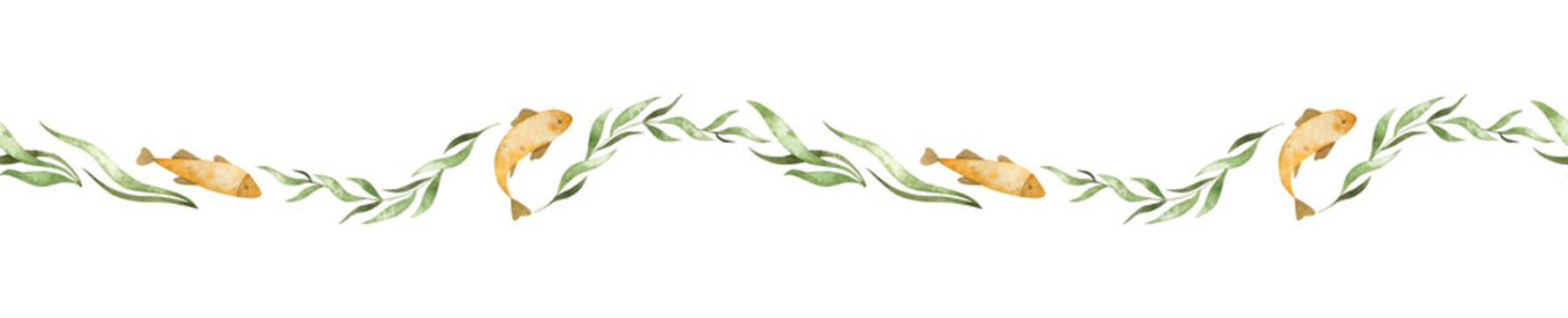 Watercolor seamless border with seaweeds and gold fish. Cute underwater repeatable frame with delicate characters for creative design
