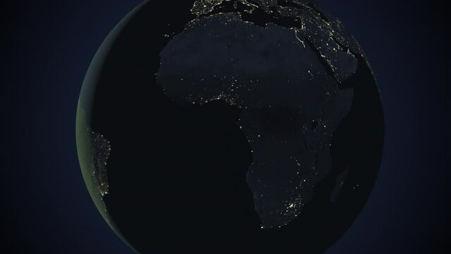 Seamless looping animation of the earth at night zooming in to the 3d map of Rwanda with the capital and the biggest cites in 4K resolution
