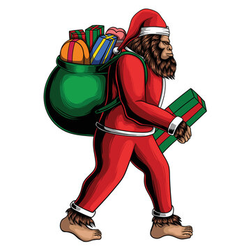 Bigfoot Walking Costume Santa Carry Box Gift Bag Vector Illustration