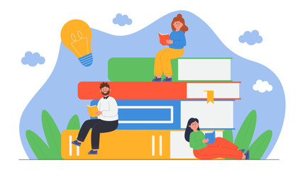 Tiny book lovers sitting on huge books flat vector illustration. Students reading textbooks. Girls and boy studying together. Bookworms devoting time to study. Hobby, education concept