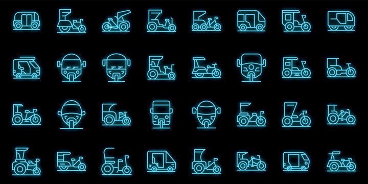 Trishaw icons set outline vector. Pedicab bicycle. Bike indian neon color on black