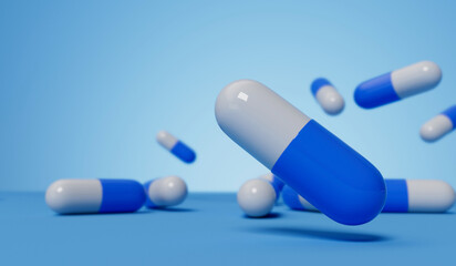 medical pill capsules on a blue background. Healthcare concept. 3D Rendering