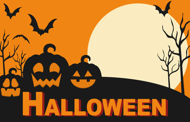Halloween background with pumpkins on orange background. Copy space on the moon. Vector illustration Eps 10.