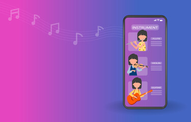 Concept of virtual reality technology. The mobile phone lists 3 types of instruments: flute, violin and guitar on the metaverse screen. Vector illustration of the future.