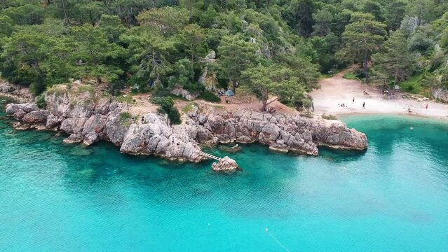 Panoramic view of Pirate bay or Korsan Koyu near Karaoz, Antalya. Summer and Holiday background. Aerial video from a drone.