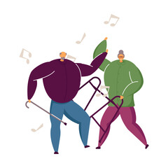 Group of happy old people jumping and dancing. Aged men and women at party flat vector illustration. Dance club concept for banner, website design or landing web page