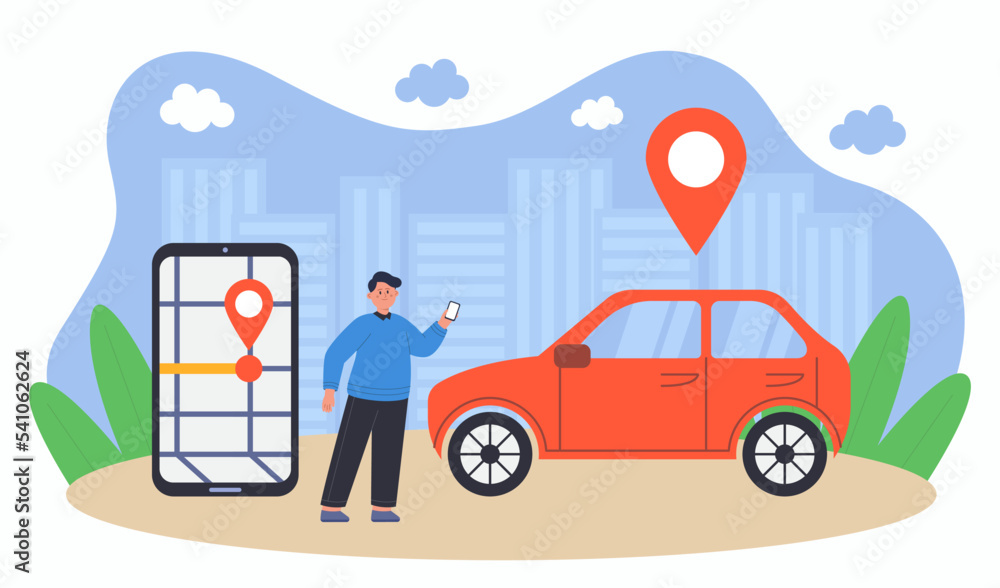 Poster man renting car using mobile app flat vector illustration. male person near smartphone with map and 
