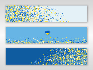 Three banners with blue yellow confetti and paper heart in Ukrainian flag colors. Vector templates for brochure design, certificates, flyers