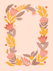 Fototapeta na wymiar Pink yellow orange floral frame for greeting card or invitation. Flower border illustration. Bloom botanical wreath for birthday