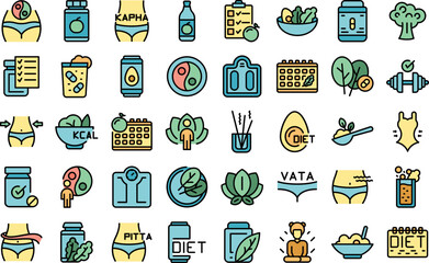 Ayurvedic diet icons set outline vector. Food eating. Cooking alternative color flat isolated