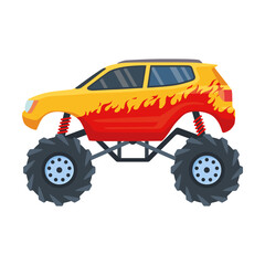 Yellow monster car illustration. Colorful cartoon truck on big wheels, toy for children isolated on white. Racing, competition, automobile constructor, robotics concept