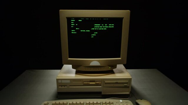 Retro pc with loading code console, programmer making scripts, green basic screen, Old computer studio close-up, Desktop vintage retro wave display, late 90s PC.