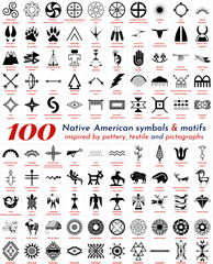 Native Indian American 100 symbols   from pottery, textile and petroglyph - obrazy, fototapety, plakaty