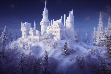Magic Ice Castle with snow. Fantasy snowy landscape. Winter castle on the mountain, winter forest. digital art