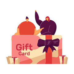 People celebrating event. Tiny customers holding gift card, money certificate, voucher, coupon. Vector illustration for shopping, prize winning, marketing concept