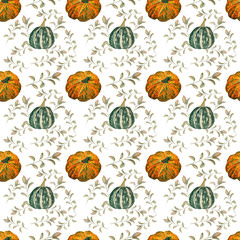 Watercolor pattern on a white background orange pumpkin with yellow autumn leaves
