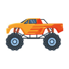 Orange monster car vector illustration. Colorful cartoon truck on big wheels, toy for children isolated on white. Racing, competition, automobile constructor, robotics concept