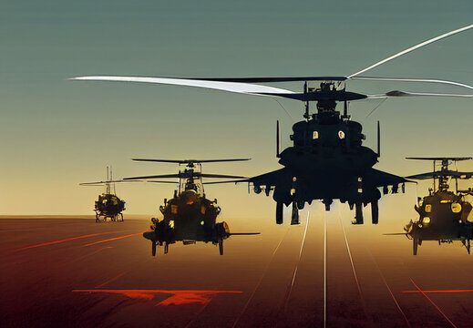 A group of brutal military helicopters in the sky