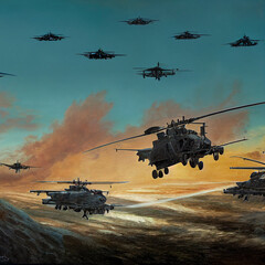 A group of brutal military helicopters in the sky