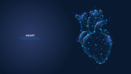 Futuristic abstract symbol of the human heart. Blue transplantation, diagnostic, innovative medicine concept. Low poly geometric 3d wallpaper background vector illustration.