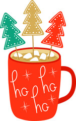 Red christmas mug with hot drink. With marshmallows, gingerbread in the form of Christmas trees. Ho-ho-oh inscription by hand. Snowflake pattern. Symbol of the new year, love, warmth, comfort, family.