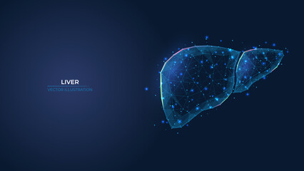 Futuristic abstract symbol of the human liver. Concept for the treatment of cirrhosis, a hepatitis disease. Low poly geometric 3d wallpaper background vector illustration. - obrazy, fototapety, plakaty