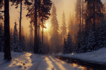 Wonder Winter forest with pine trees in the haze in winter, panorama of the winter forest background.