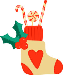 Cute Christmas sock for gifts. Valenok with sweets. Holly leaves, candy cane, lollipop. Red heart silhouette. It is a tradition to give gifts to children, relatives, family in the new year.