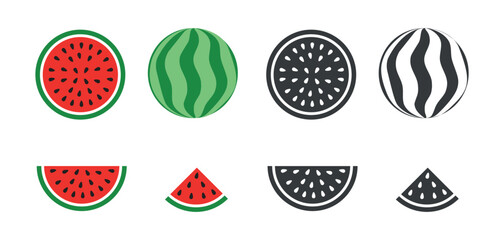 Fresh and juicy whole watermelons and slices. Vector illustration