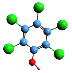  3D image of Pentachlorophenol skeletal formula - molecular chemical structure of organochlorine compound isolated on white background
