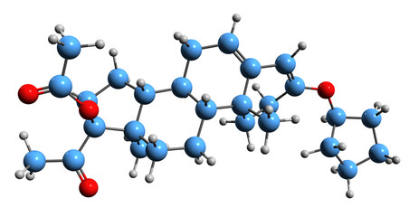  3D image of Pentagestrone acetate skeletal formula - molecular chemical structure of progestin isolated on white background