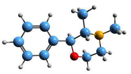  3D image of Phendimetrazine skeletal formula - molecular chemical structure of stimulant drug isolated on white background
