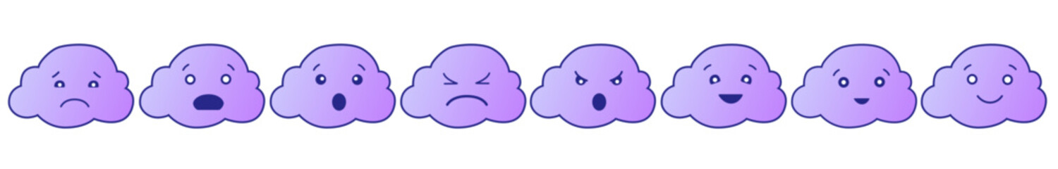 Clouds with human feelings and emotions. Vector set of emoticons. Customer reviews emoji illustration.