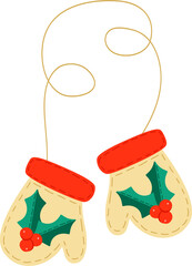 Bright red Christmas mittens with a holly branch.
Symbol of the new year, winter, holidays.
Children's clothing, gloves. gift, surprise. isolated background.